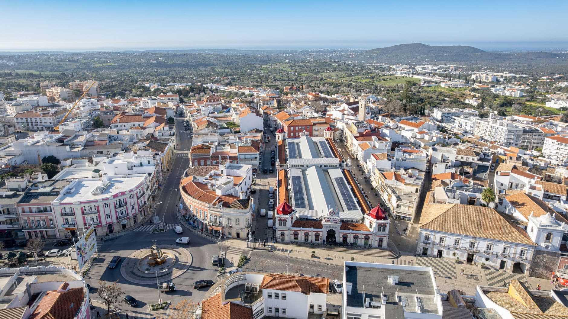 Aerial view of Loulé city center and municipal market in the Algarve, Portugal.