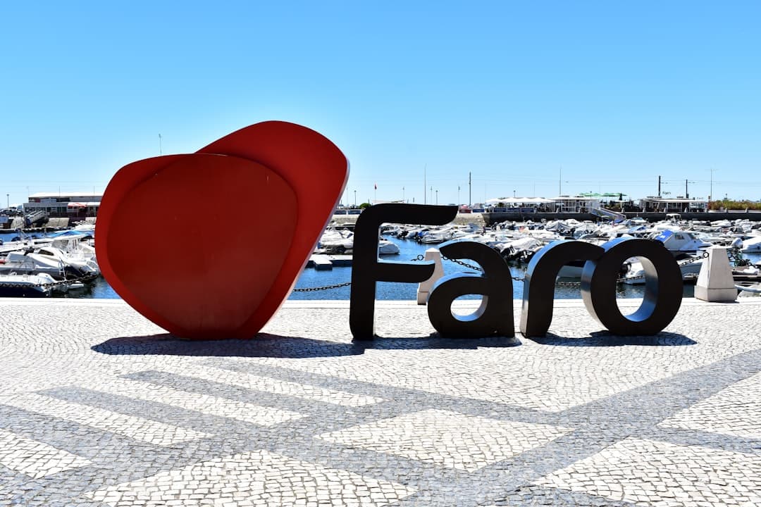 I Love Faro sign on the waterfront promenade in Faro, Algarve