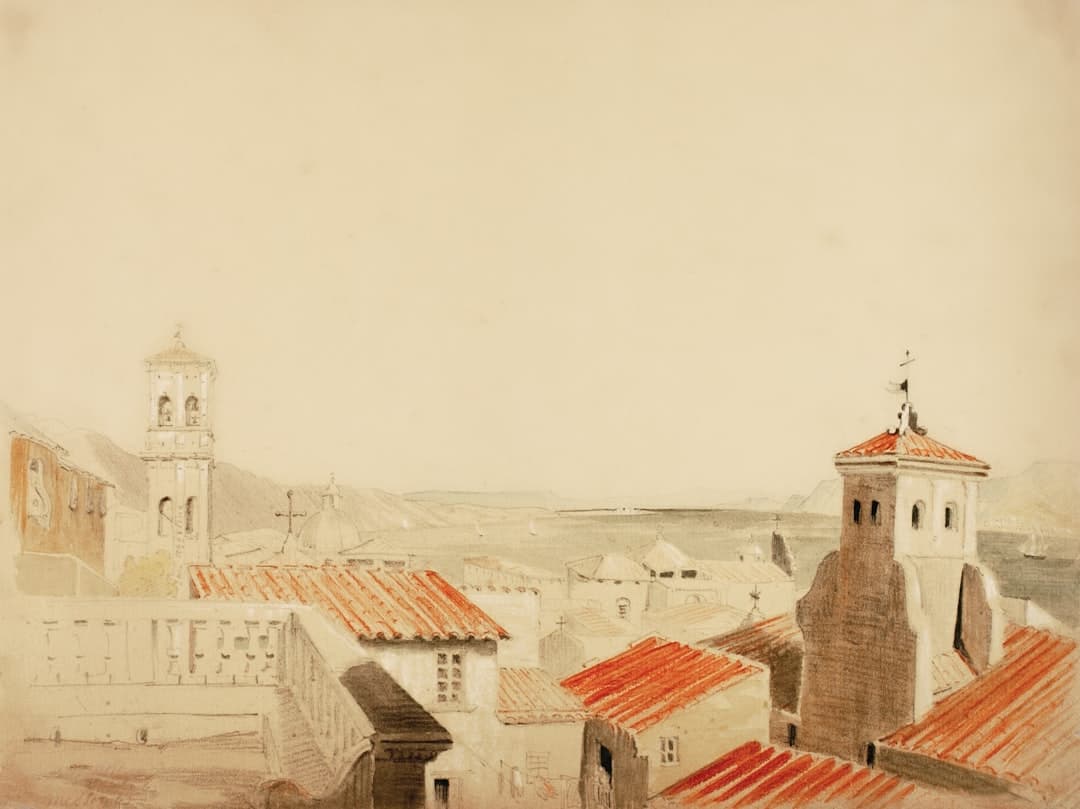 Watercolor painting of historic cityscape and architecture in Faro, Algarve