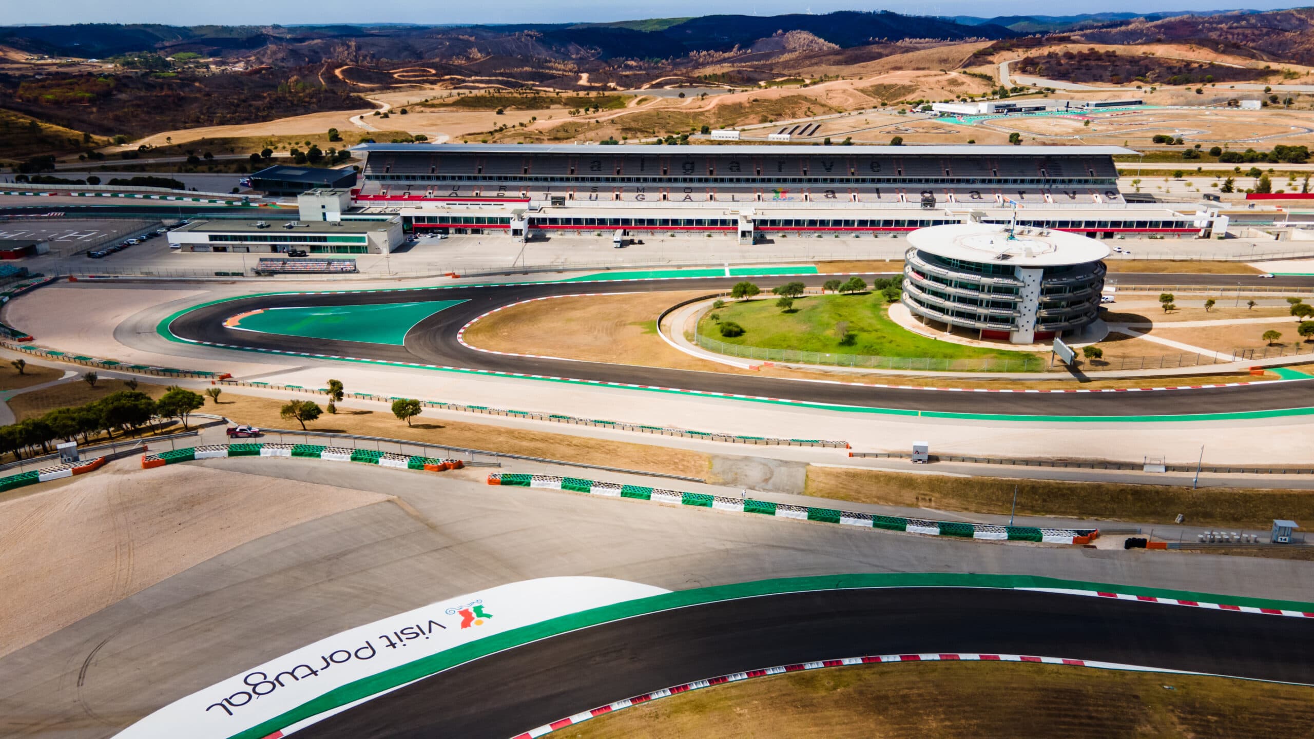 Aerial view of the Autódromo Internacional do Algarve race track in Portimão, Portugal.