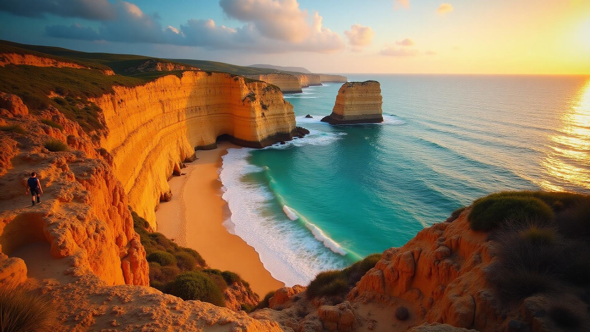 Aerial view of the Algarve coastline with golden cliffs and turquoise ocean